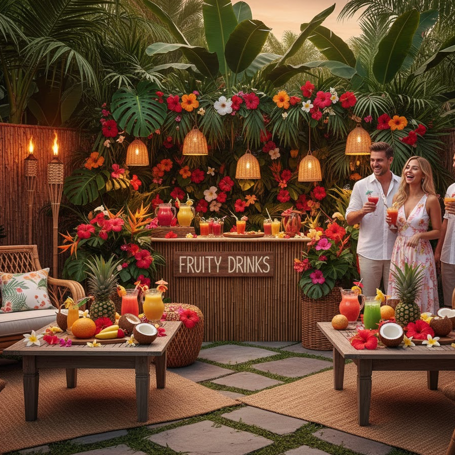 tropical-backyard-decor-palm-leaves-bamboo-torches-bright-flowers-island-theme