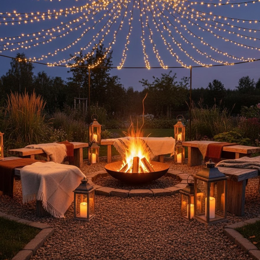 cozy-bonfire-backyard-decor-blankets-lanterns-fire-pit-warm-night