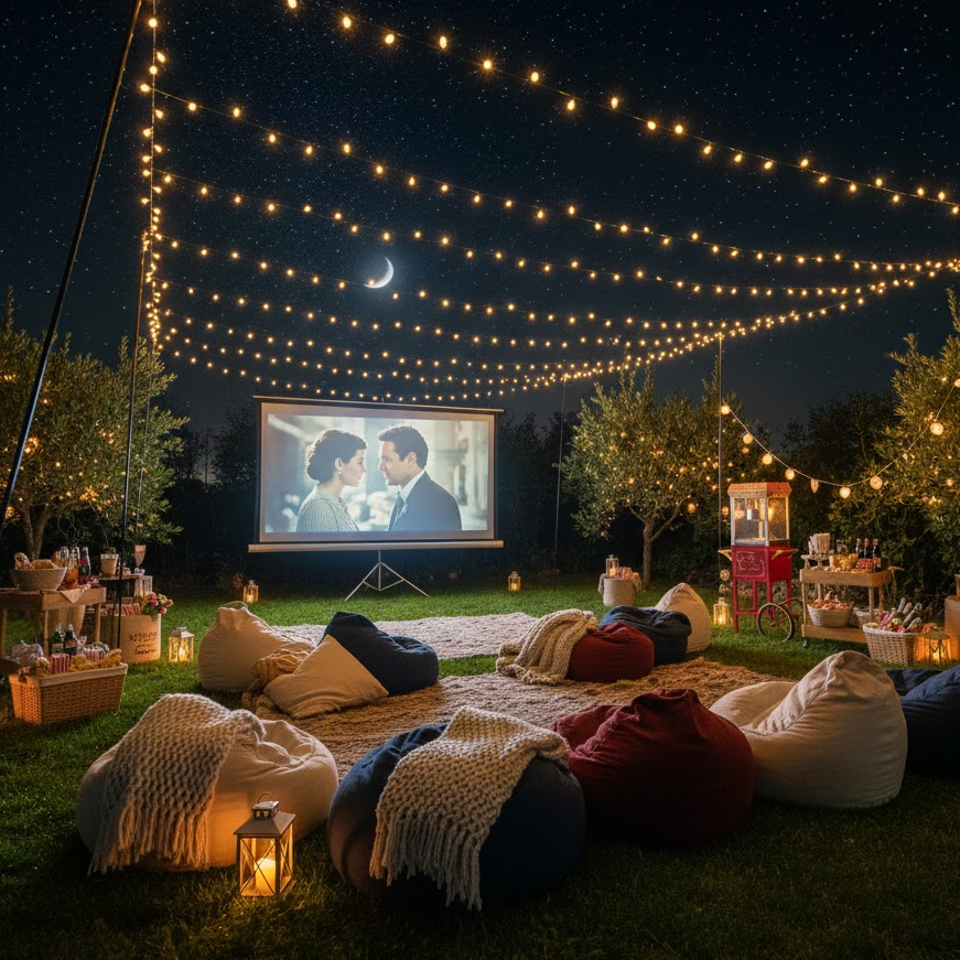 outdoor-movie-night-backyard-projector-fairy-lights-beanbags-popcorn-setup