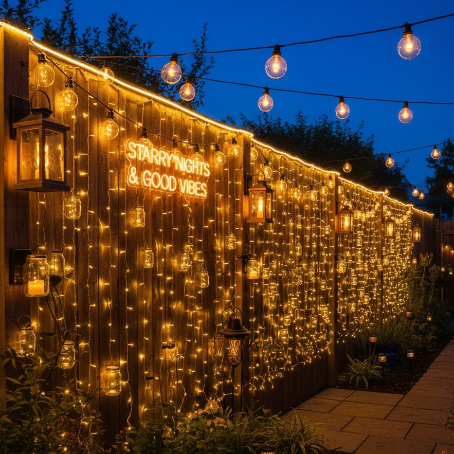 backyard-fence-lighting-fairy-lights-lanterns-mason-jars-neon-bulbs