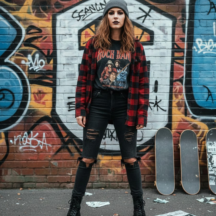 90s-grunge-rocker-plaid-flannel-band-tshirt-ripped-jeans-combat-boots-beanie