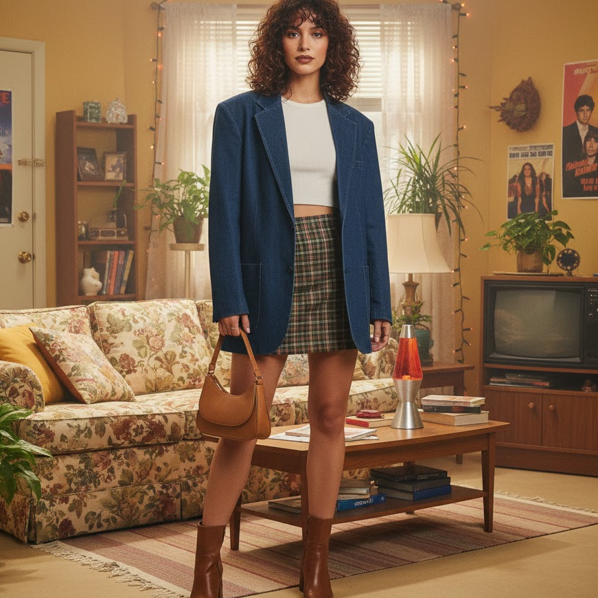 90s-rachel-green-friends-mini-skirt-crop-top-blazer-heeled-boots-handbag