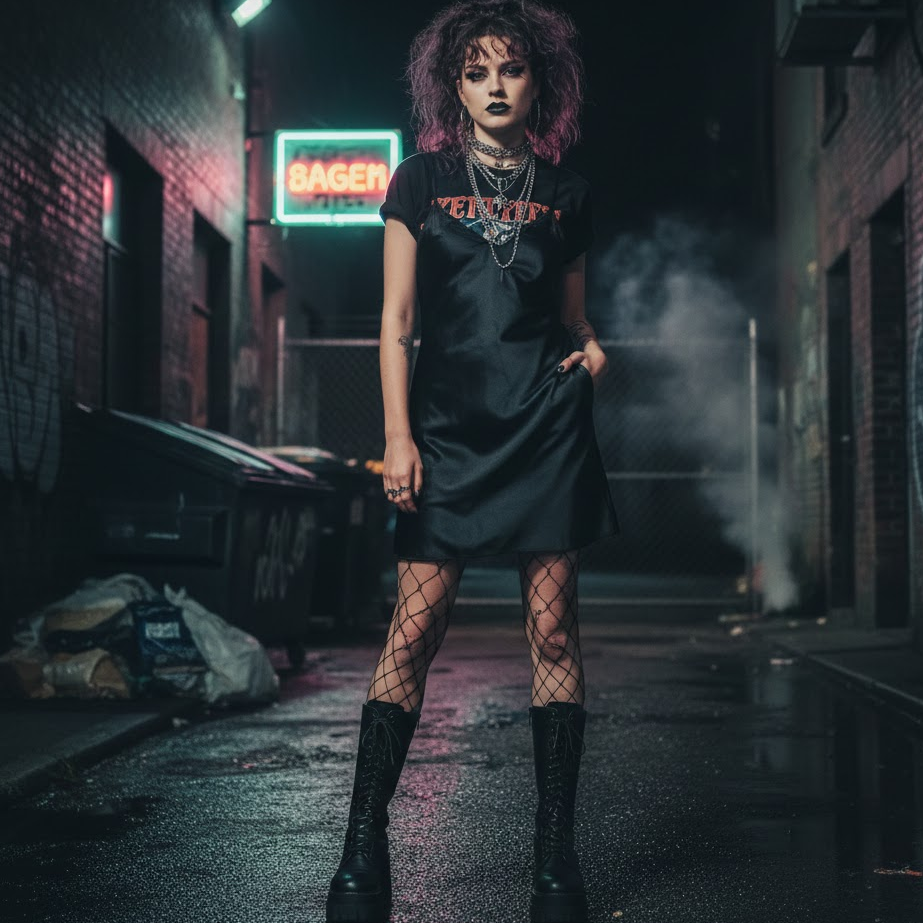 90s-goth-alternative-slip-dress-fishnet-tights-platform-choker-dark-lipstick