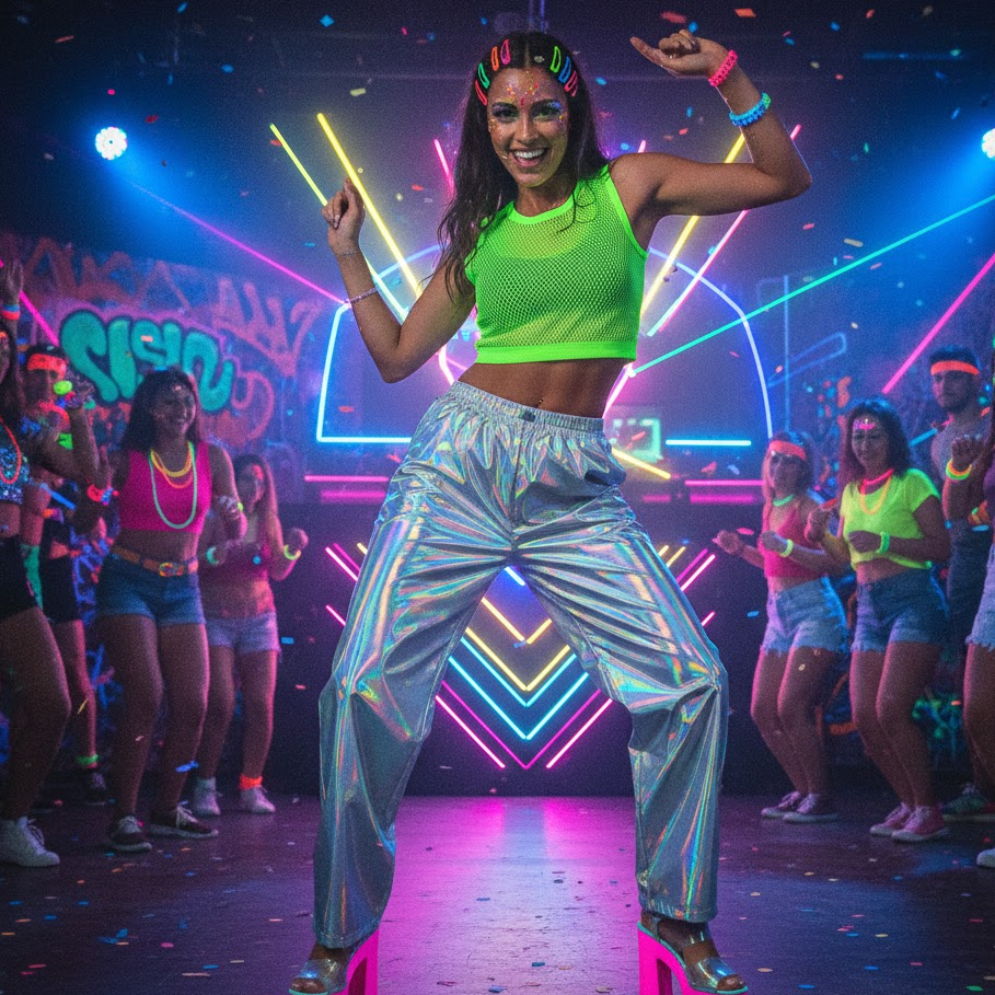 90s-rave-club-neon-crop-top-wide-leg-pants-platform-glow-accessories