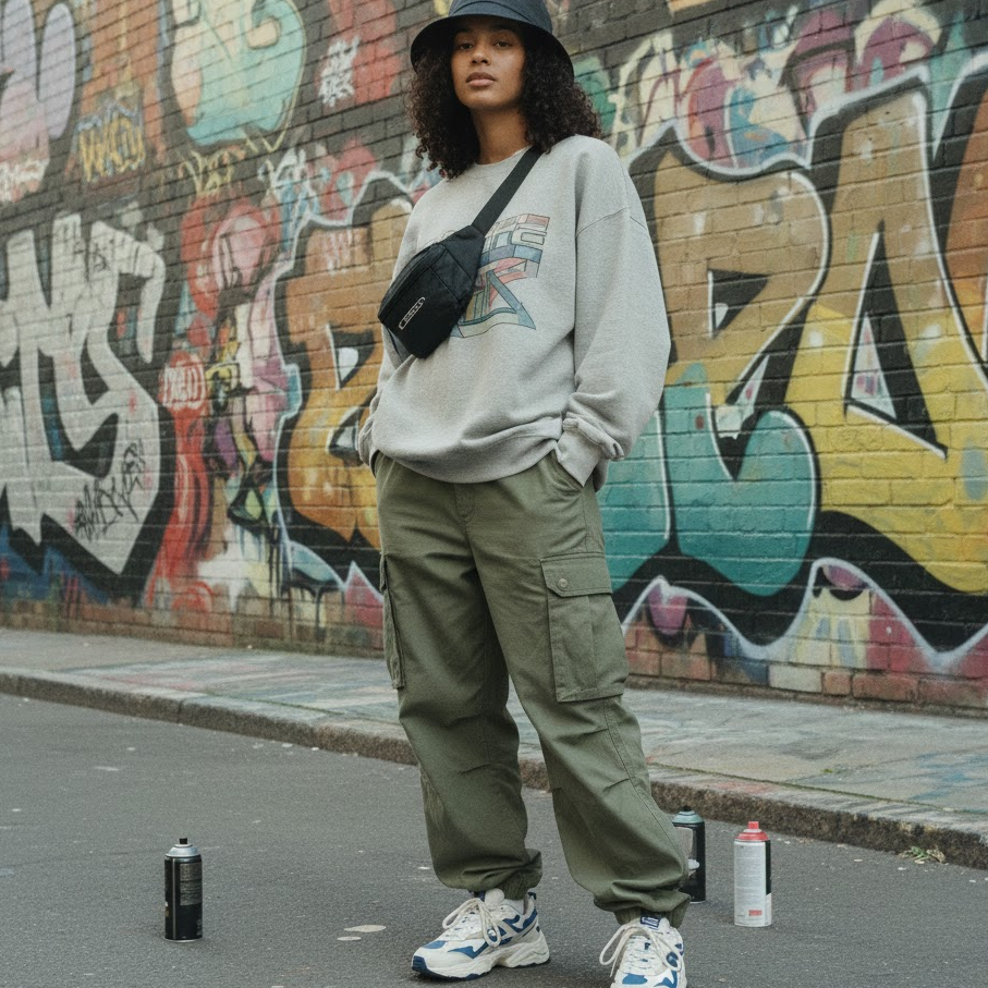 90s-baggy-street-style-cargo-pants-oversized-sweatshirt-sneakers-bucket-hat