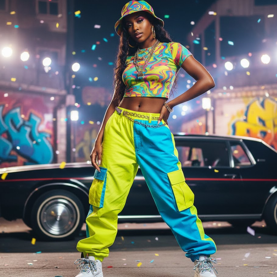 90s-tlc-inspired-baggy-pants-crop-top-chunky-sneakers-colorful-hat