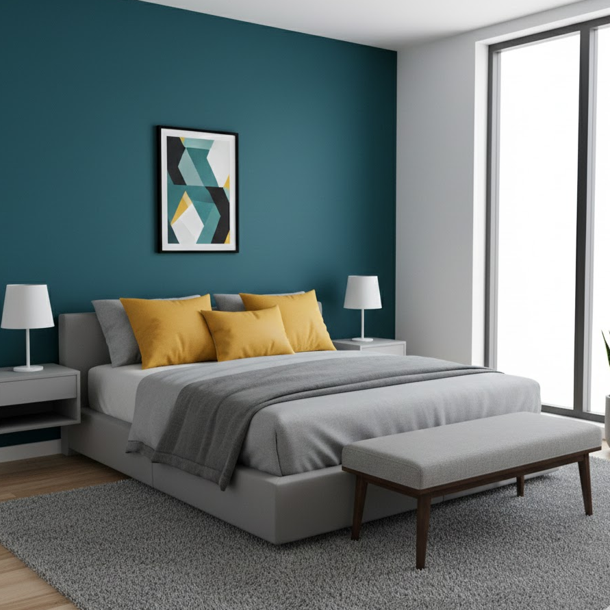 modern-bold-teal-mustard-grey-bedroom-minimal-decor-energetic