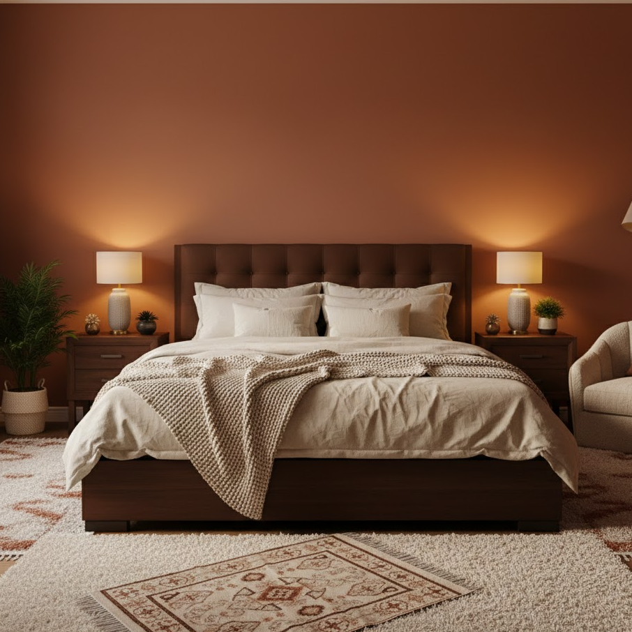 cozy-warm-terracotta-cream-brown-bedroom-textured-rugs-inviting