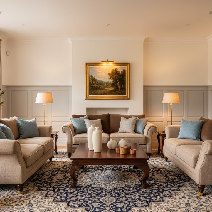 classic-timeless-white-grey-beige-brown-sofa-navy-cream-rug-wooden-table-elegant