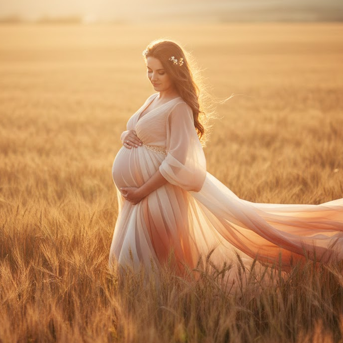 pregnant-woman-golden-hour-field-flowing-gown-warm-light-dreamy-maternity-photo