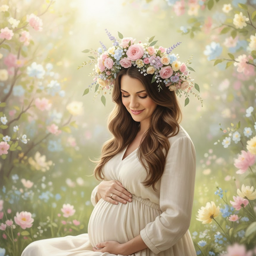 floral-maternity-photoshoot-pregnant-woman-with-flower-crown-pastel-backdrop