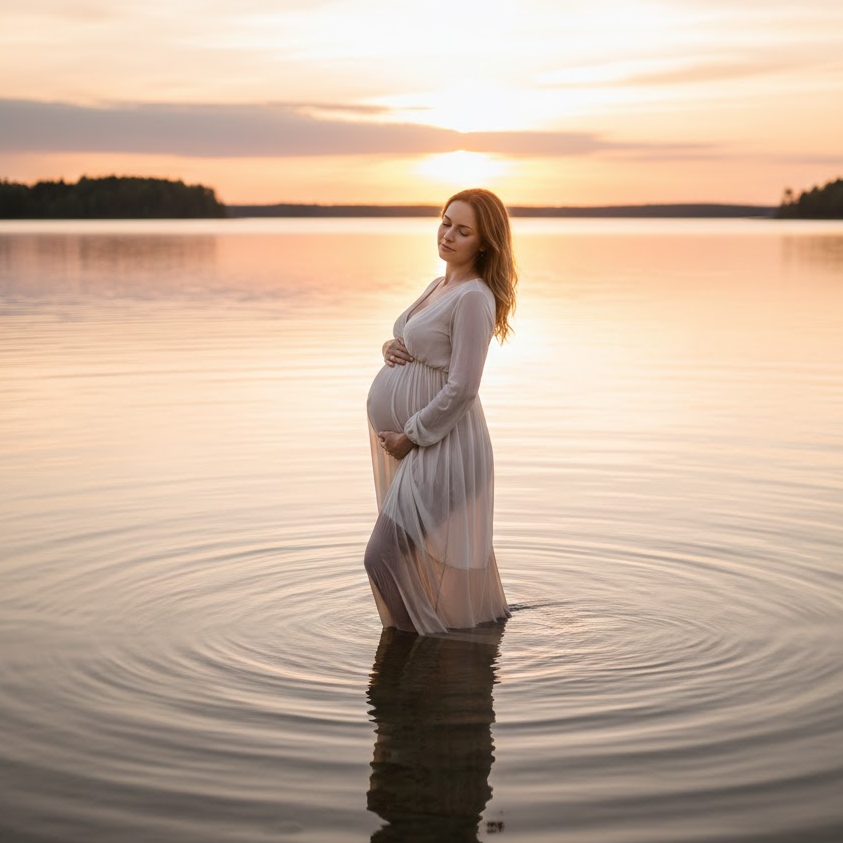 water-maternity-shoot-pregnant-woman-in-lake-reflections-dreamy-light
