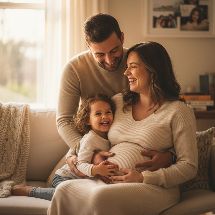 family-maternity-photo-partner-and-child-holding-baby-bump-warm-light