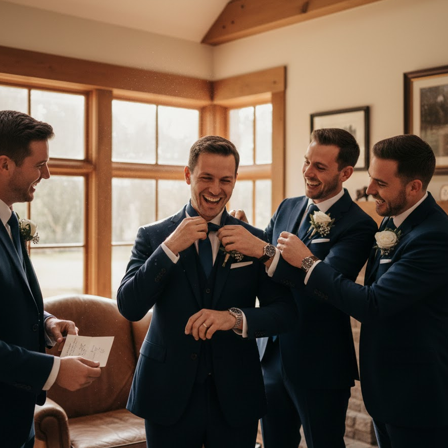 groom-getting-ready-wedding-tie-watch-candid-groomsmen