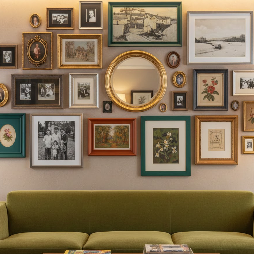 mixed-frame-photo-wall-eclectic-home-decor-varied-frame-sizes-artistic-display