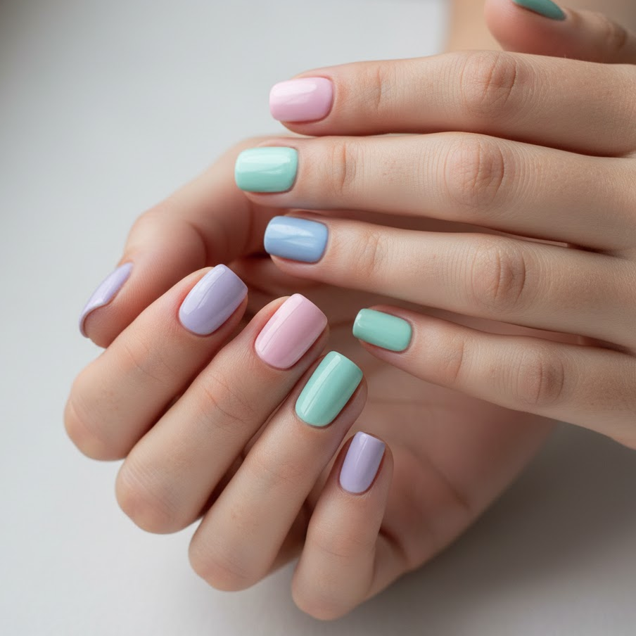 pastel-nails-soft-lilac-baby-pink-sky-blue-mint-feminine-fresh-look
