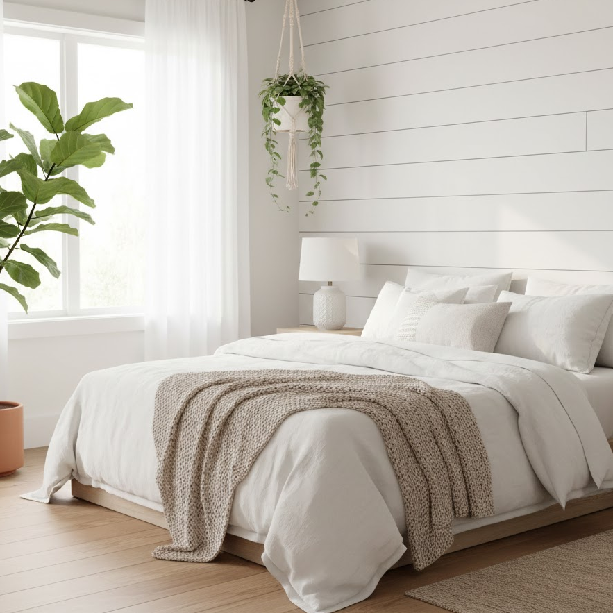 shiplap-panels-bedroom-white-accent-wall-coastal-modern-soft-bedding-indoor-plants