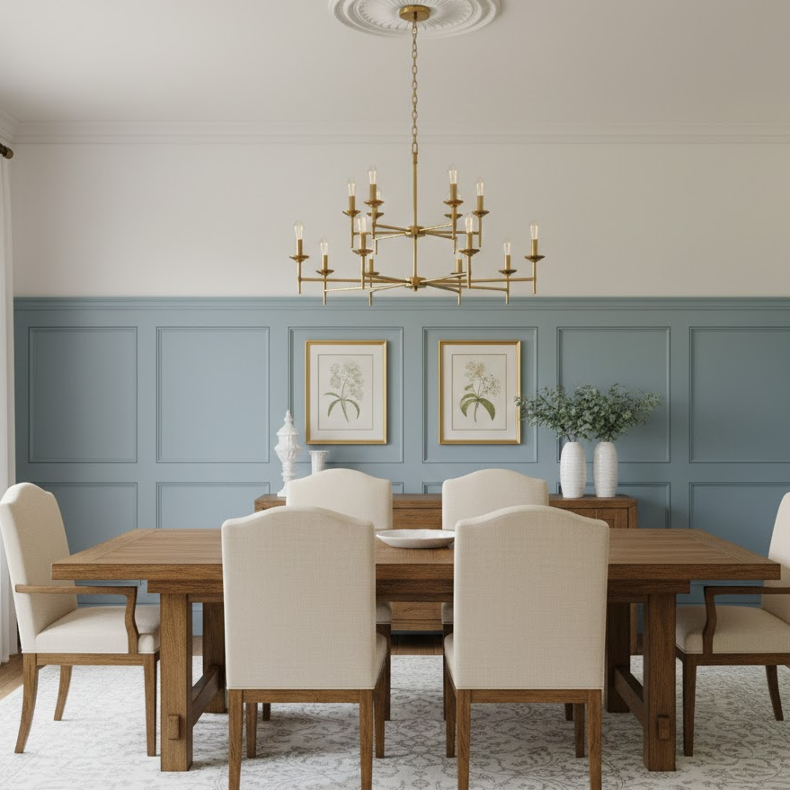 painted-wainscoting-dining-room-soft-blue-elegant-wooden-table-upholstered-chairs