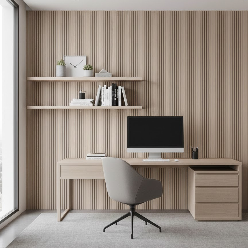 mdf-laminate-wall-panels-home-office-light-wood-minimalist-desk-modern-chair-shelves