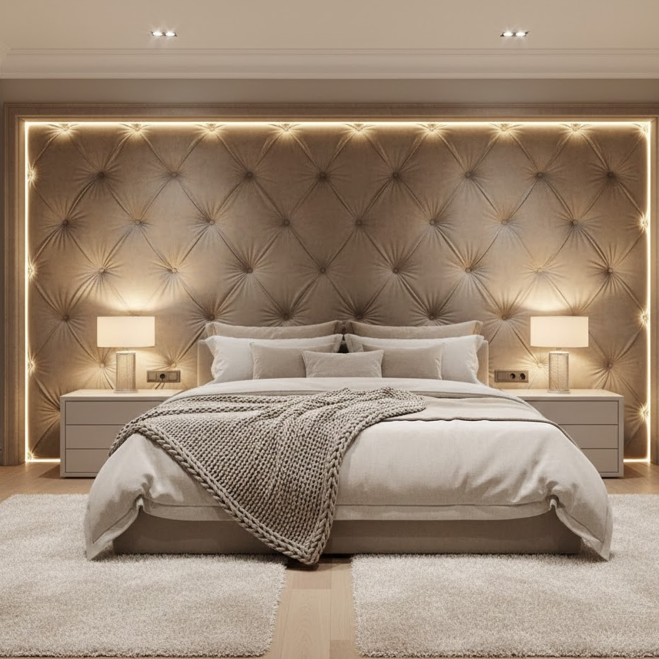 upholstered-wall-panels-bedroom-tufted-luxury-bed-neutral-bedding-soft-rug-ambient-light