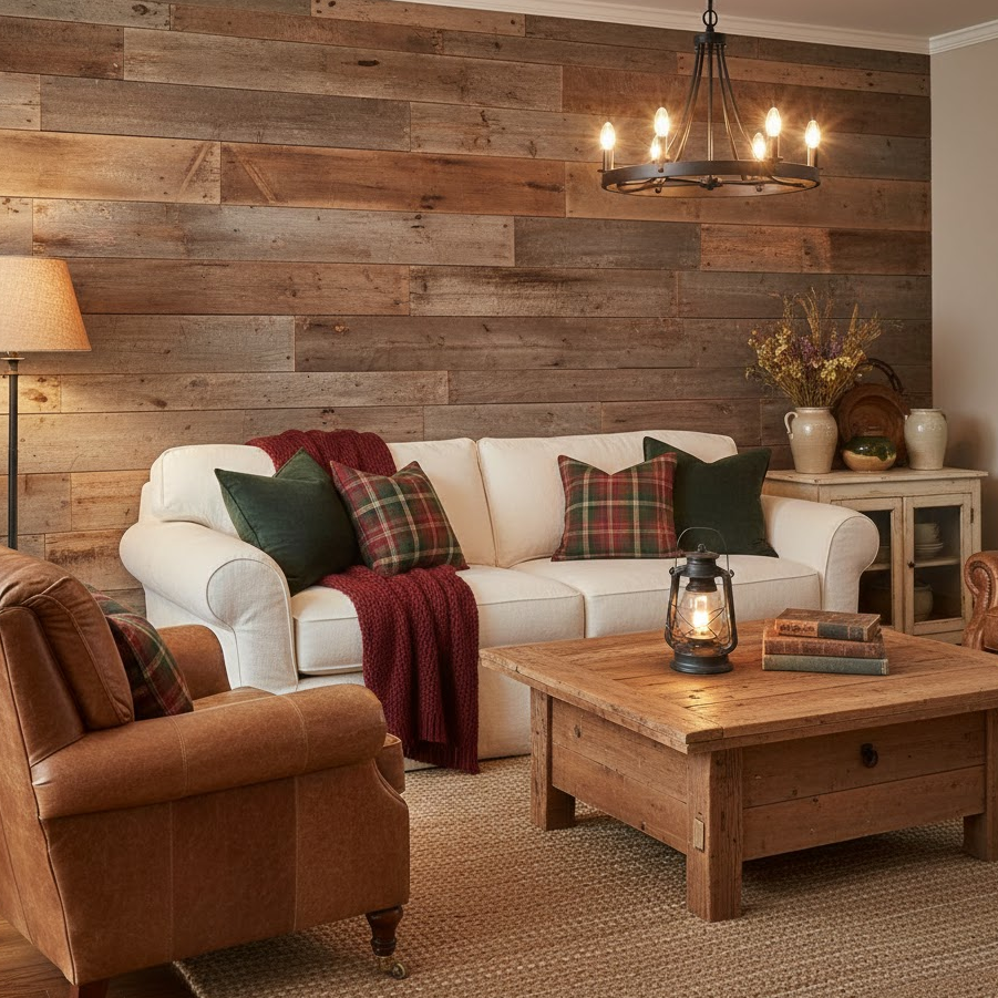 rustic-reclaimed-wood-panels-farmhouse-vintage-furniture-warm-lighting-cozy-textiles