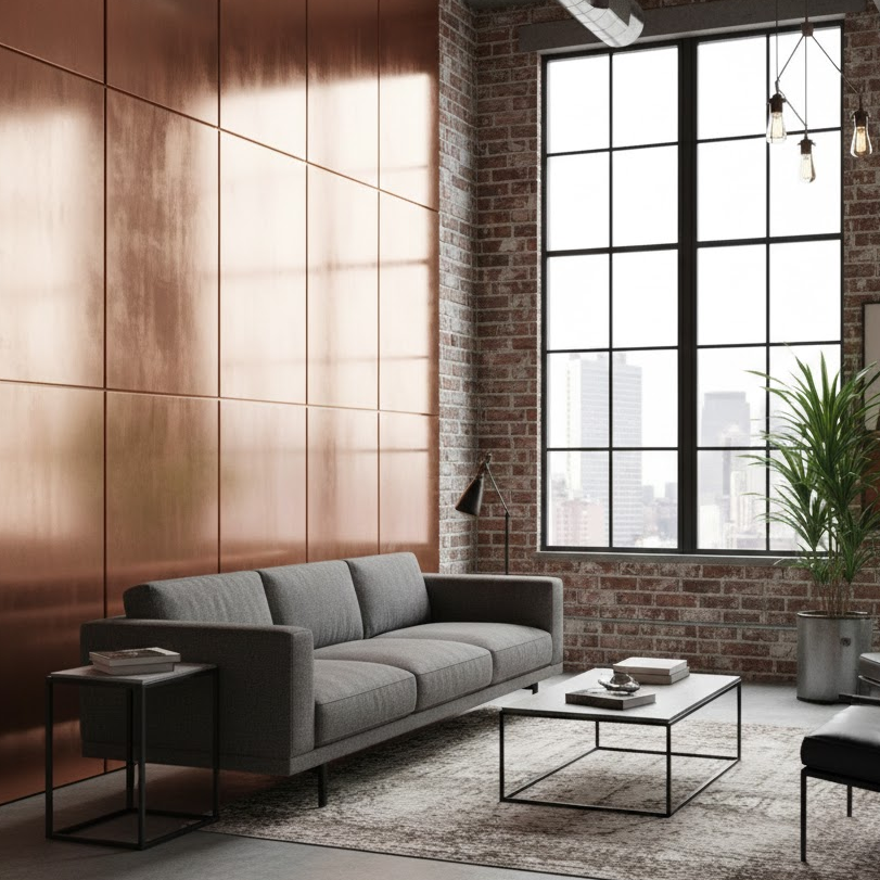 metal-industrial-wall-panels-loft-copper-exposed-brick-modern-furniture-large-windows