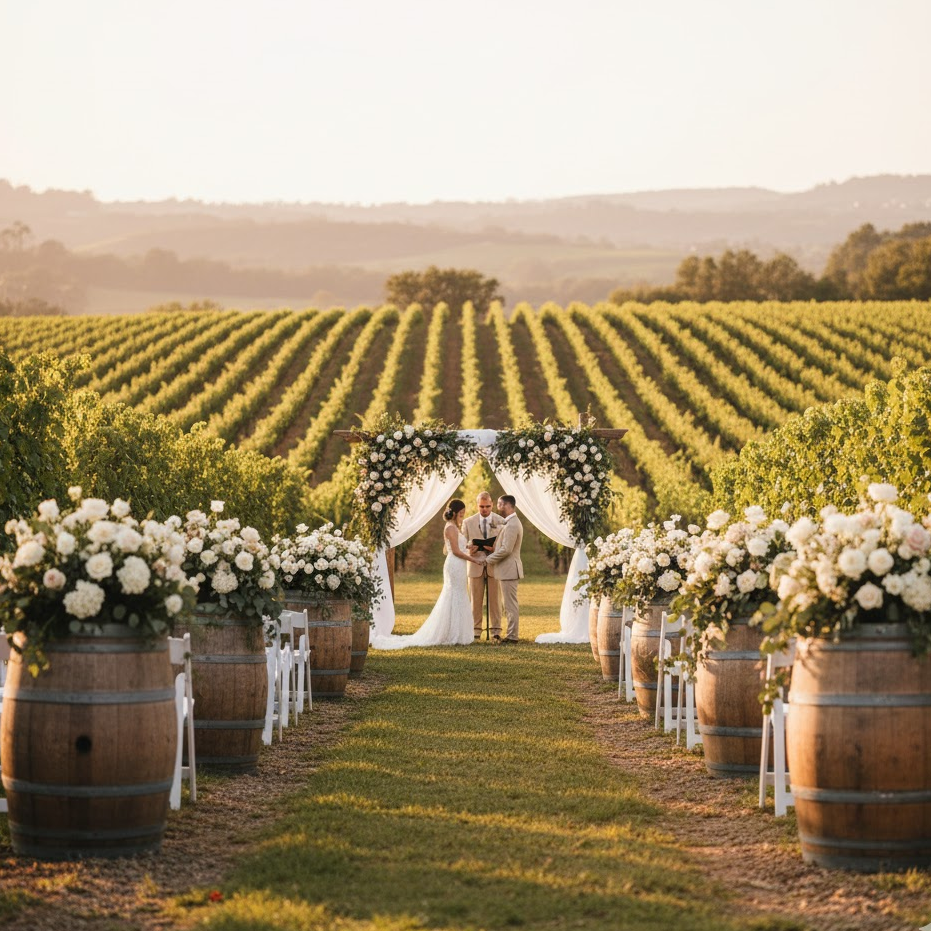 vineyard-wedding-ceremony-rustic-arch-grapevines-romantic-setting