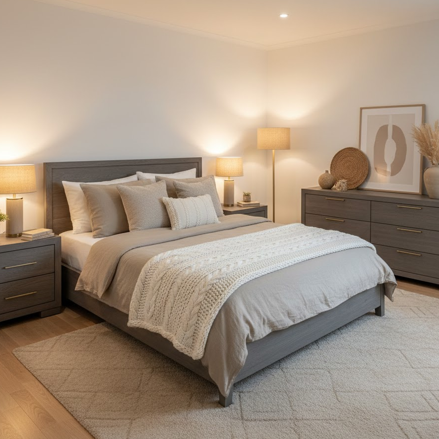 gray-furniture-neutral-decor-balanced-bedroom-warm-lighting