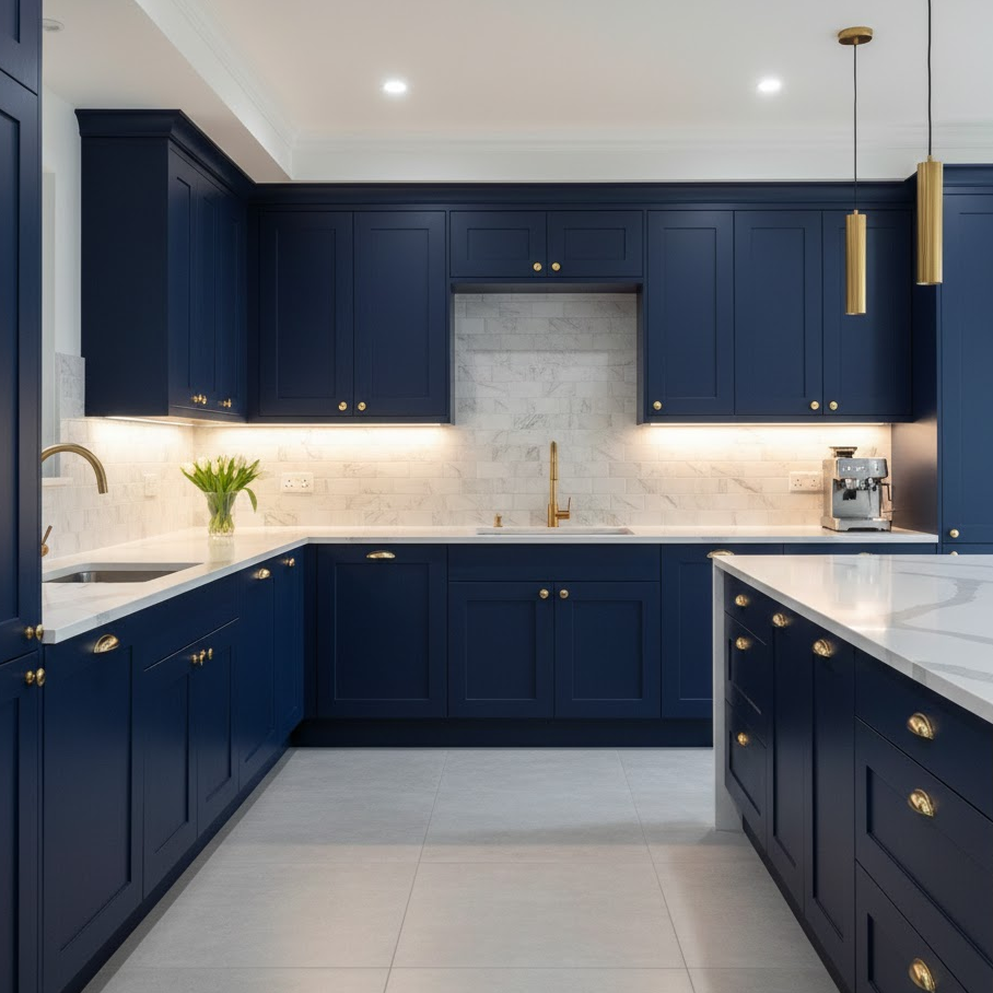 navy-blue-kitchen-cabinets-elegant-brass-hardware-white-counters