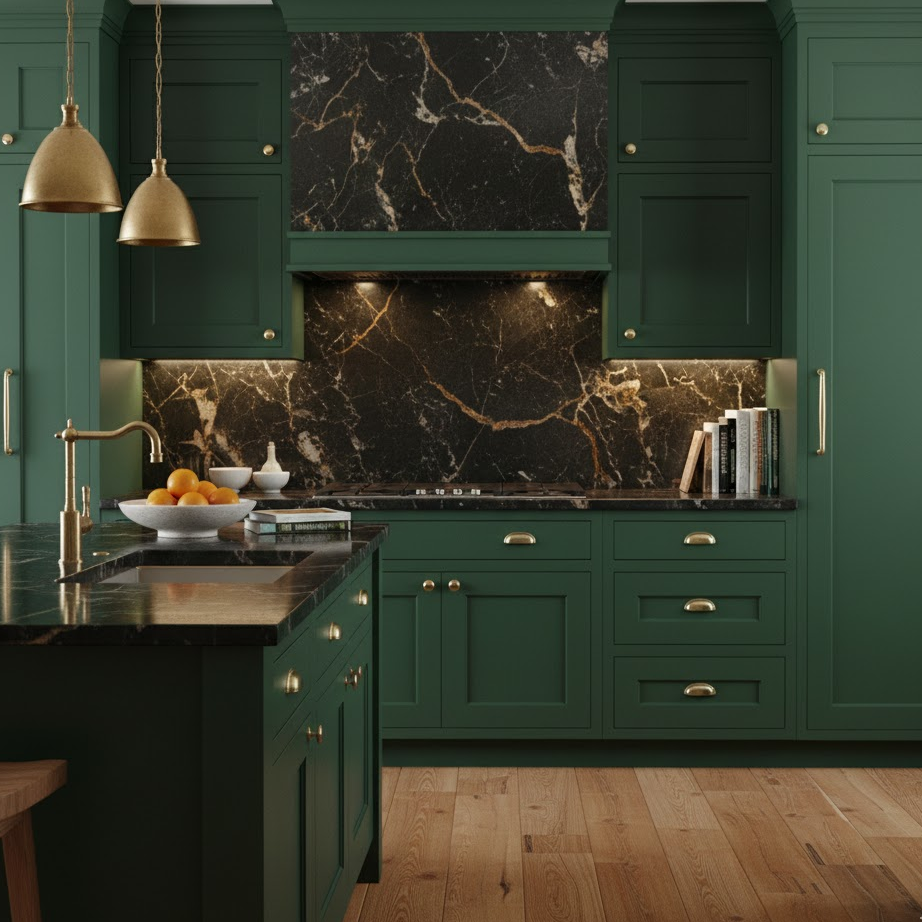 forest-green-kitchen-cabinets-bold-rich-interior-gold-hardware