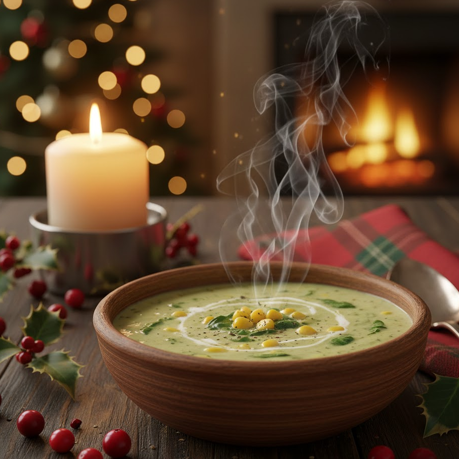 spinach-corn-soup-creamy-warm-christmas-setting