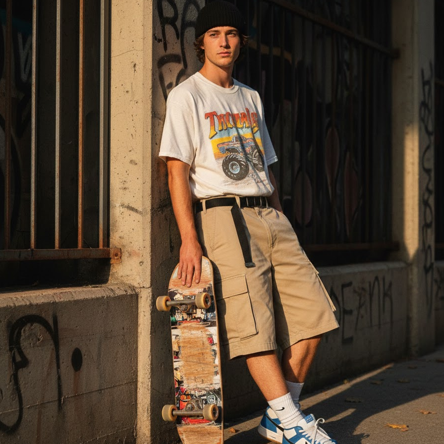 90s-skater-style-cargo-shorts-graphic-tee-skateboard