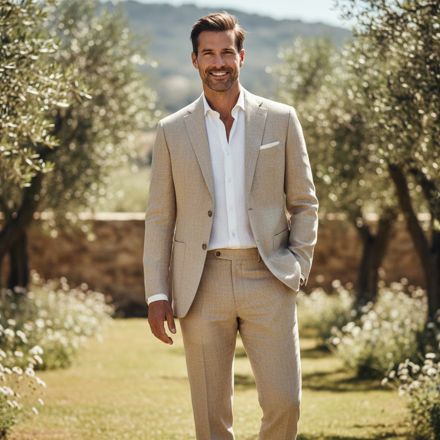 beige-linen-suit-groom-summer-wedding-outdoor-look-lightweight-elegant-style