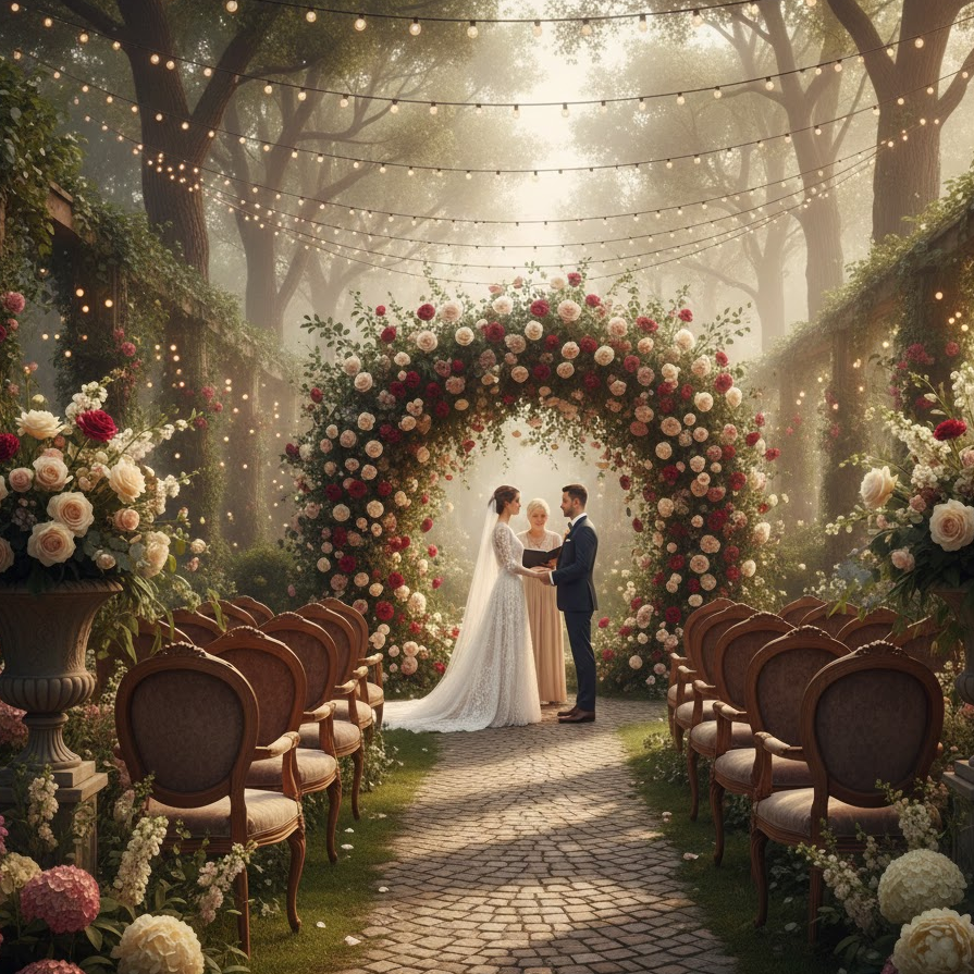 garden-wedding-ceremony-floral-arch-greenery-blooming-flowers