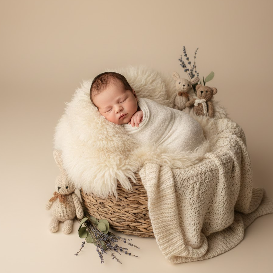 cozy-basket-newborn-photoshoot-baby-sleeping-soft-blankets-fur-throws-charming