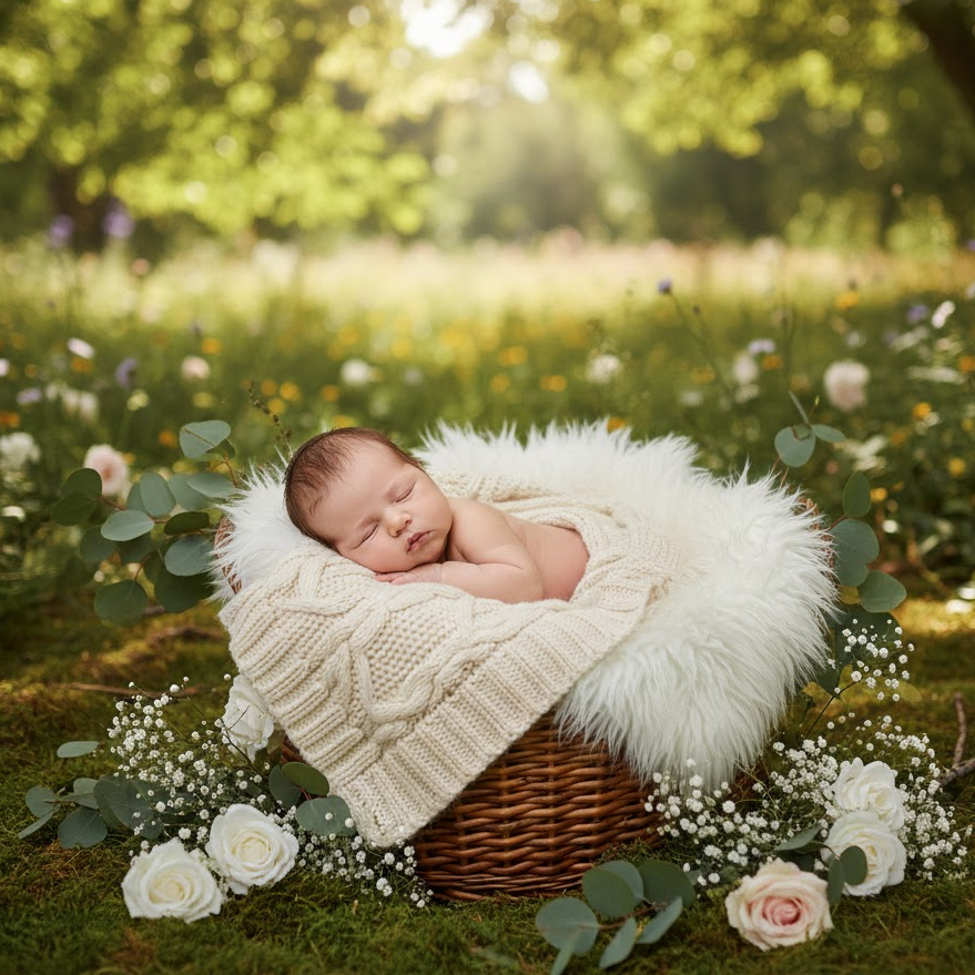 outdoor-nature-newborn-photoshoot-baby-soft-light-greenery-floral-serene