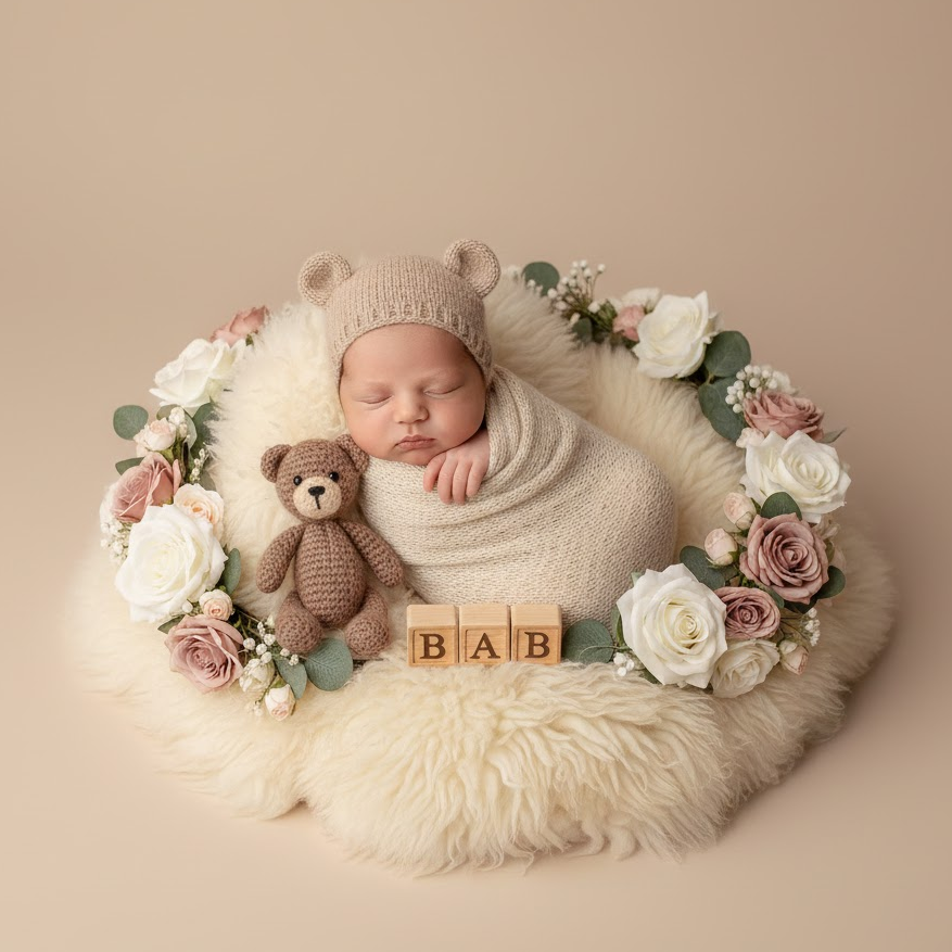 creative-prop-newborn-photoshoot-baby-knitted-hat-soft-toys-flowers-aesthetic