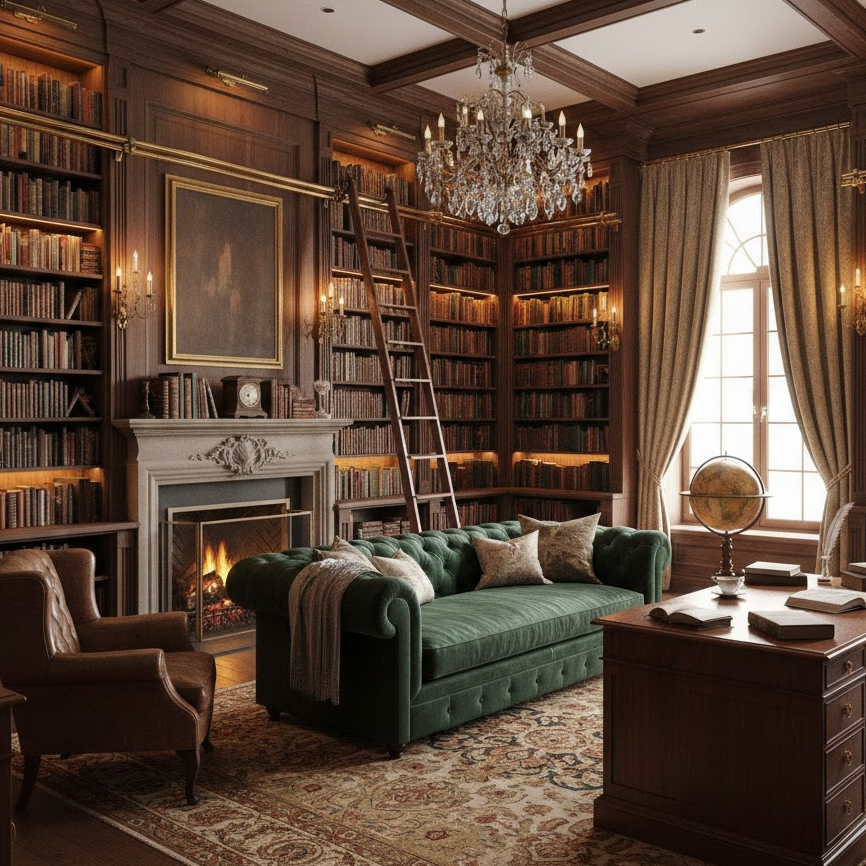 floor-to-ceiling-bookshelves-home-library-rolling-ladder-tall-shelves-cozy-reading-space