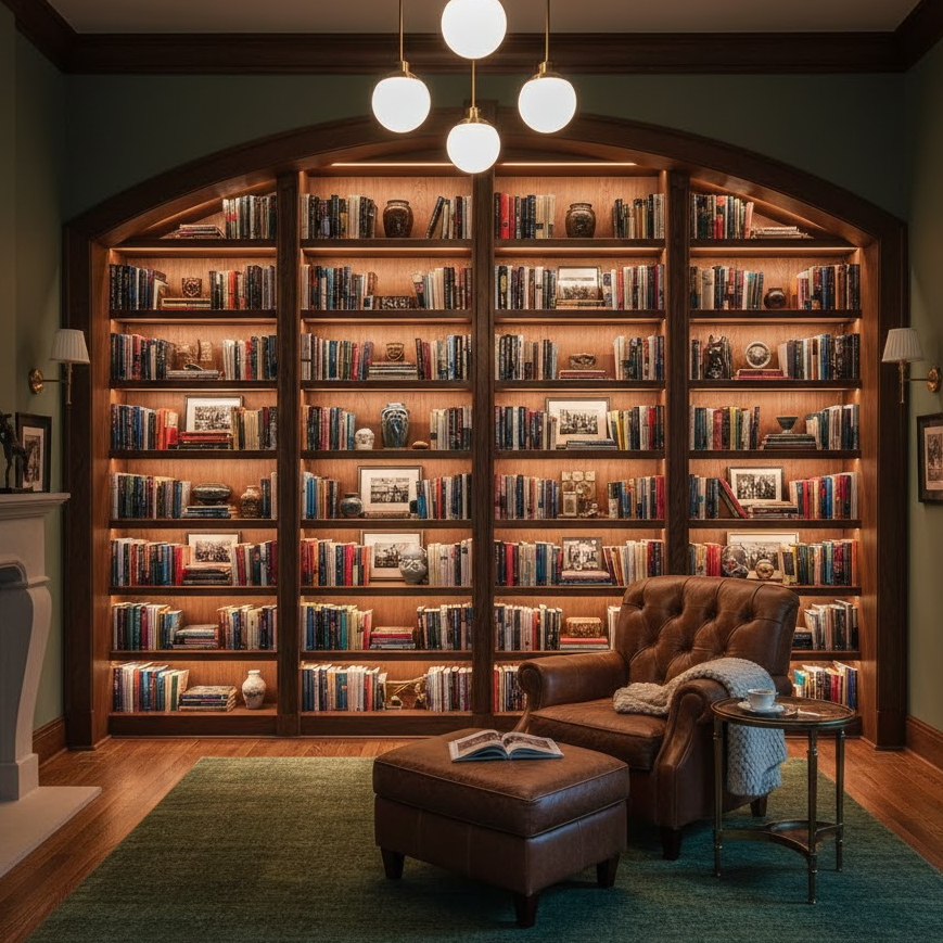 statement-lighting-home-library-pendant-lights-warm-glow-stylish-reading-area