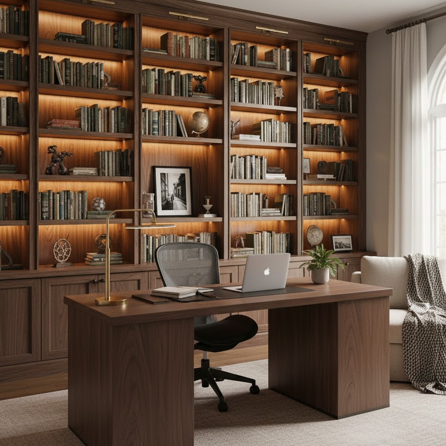 home-library-workspace-combo-desk-ergonomic-chair-bookshelves-productive-setup