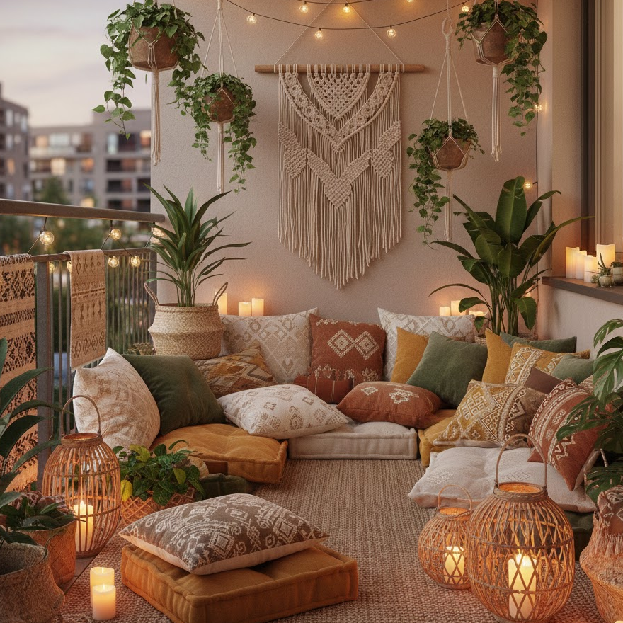 boho-chic-balcony-decor-floor-seating-macrame-woven-elements-small-space