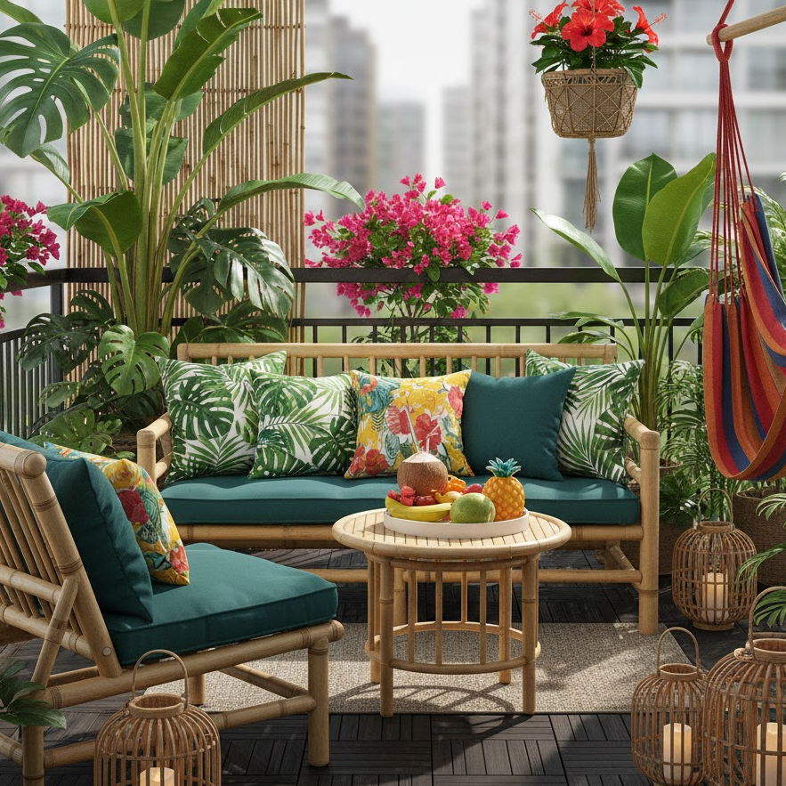 tropical-balcony-theme-bamboo-furniture-green-plants-colorful-cushions