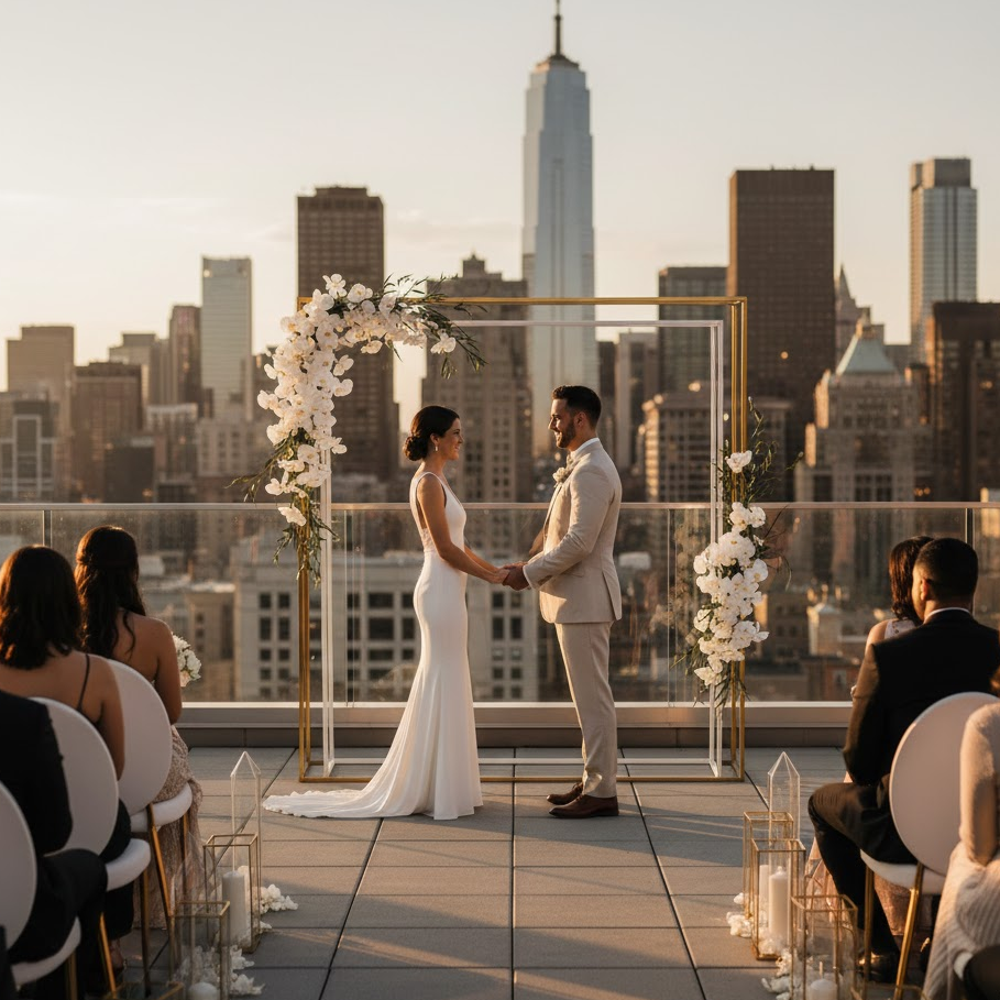 rooftop-wedding-ceremony-city-skyline-modern-geometric-arch