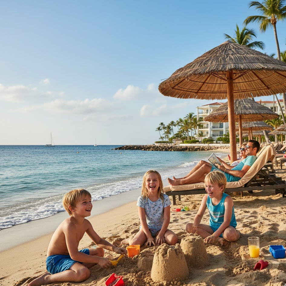 family-beach-vacation-sandy-shore-ocean-waves-kids-playing-relaxing-holiday