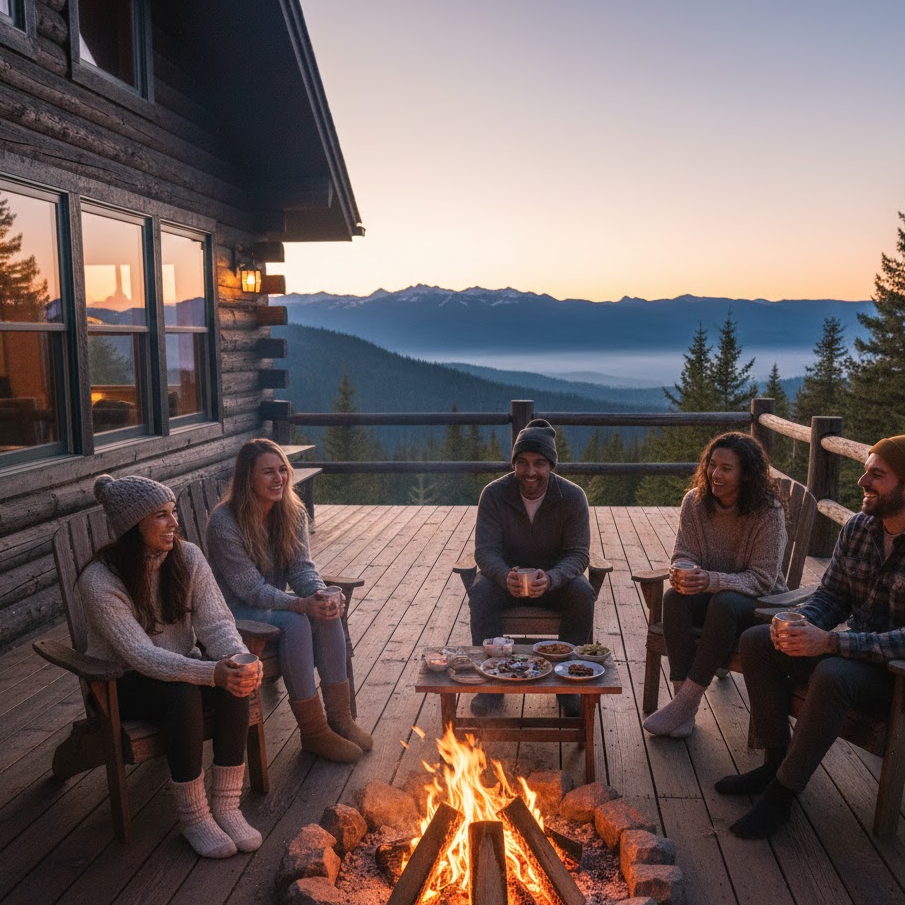 friends-mountain-cabin-holiday-bonfire-cozy-stay-nature-escape