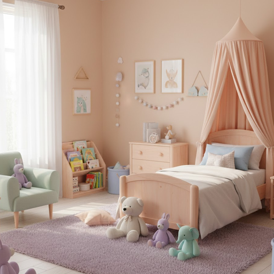 kids-room-soft-pastel-colors-mint-peach-lavender-wooden-furniture