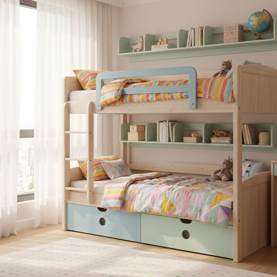 kids-room-bunk-bed-space-saving-wooden-frame-storage-drawers