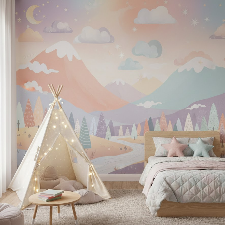 kids-room-wall-mural-mountains-clouds-stars-creative-design