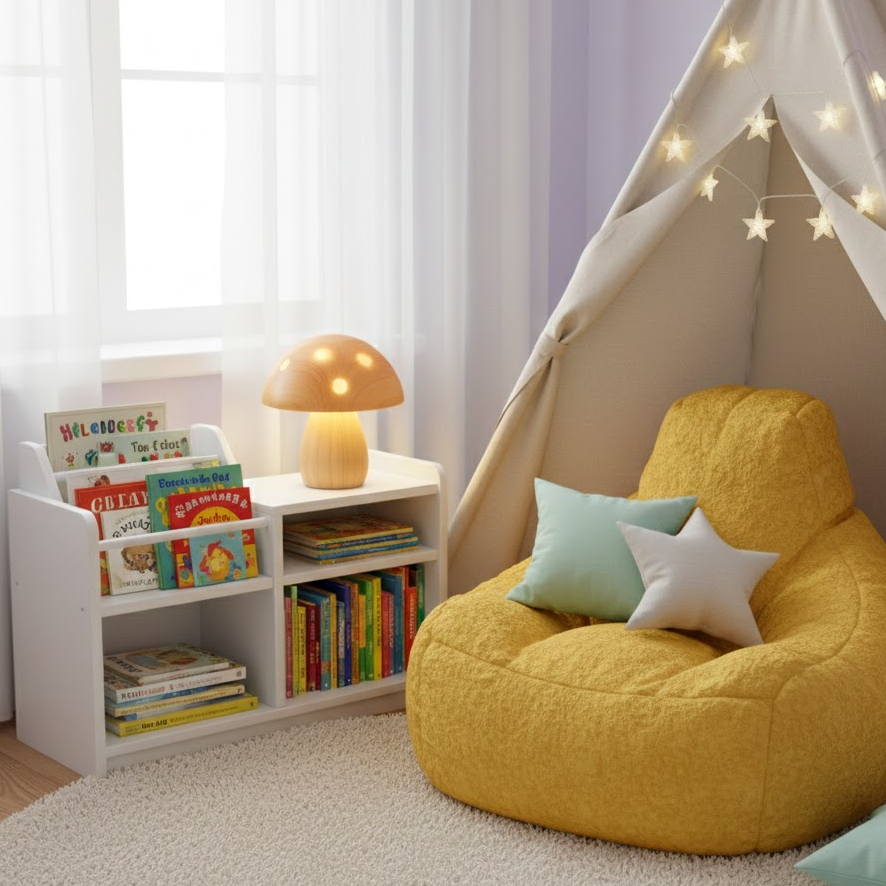 kids-reading-corner-cozy-cushions-bookshelf-soft-lighting