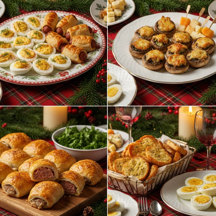 classic-christmas-appetizers-traditional-holiday-starters-cheese-mushrooms-sausage-rolls